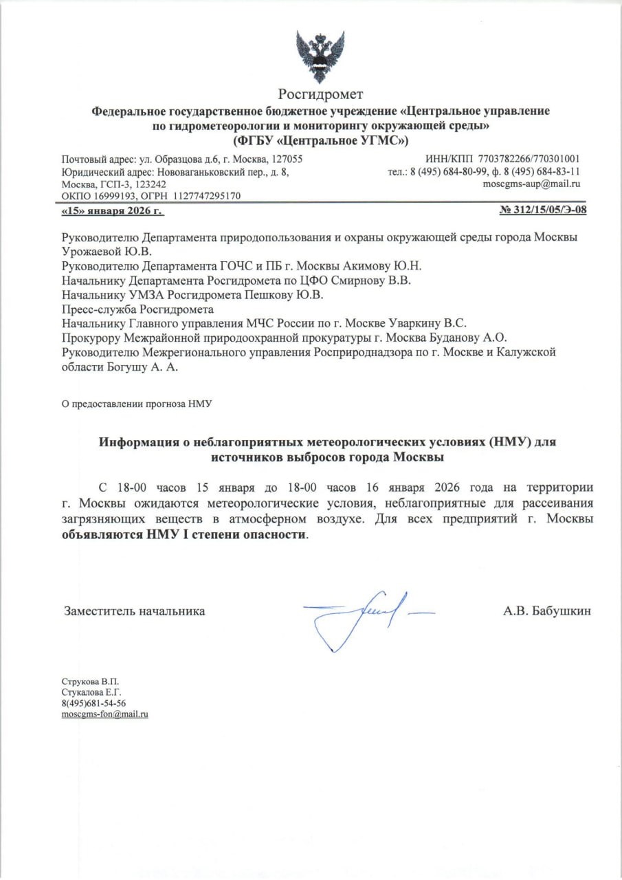Информация о НМУ I степени 15-16 января 2026 года